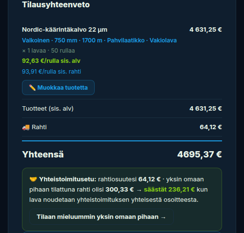 Kassan yhteenveto jossa näkyy yhteistoimituksen rahtisäästö